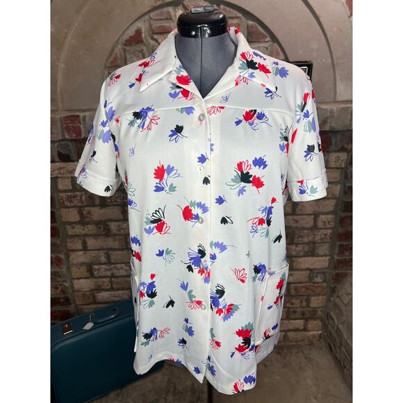 button down shirt 1960’s floral white purple red short sleeve - Picture 1 of 14